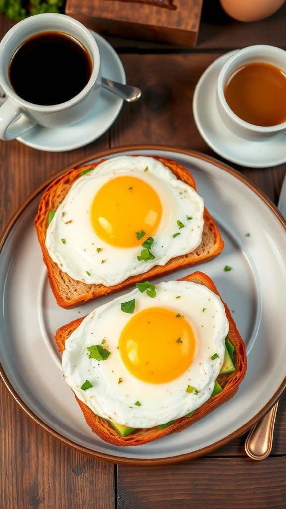 Savory egg toast with sunny-side-up eggs on toasted bread, garnished with herbs and avocado on a wooden table.